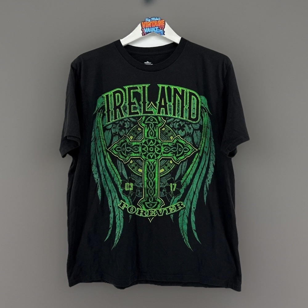 Ireland Forever Celtic Cross Wings T Shirt Mens XL Black Green St Patricks Day